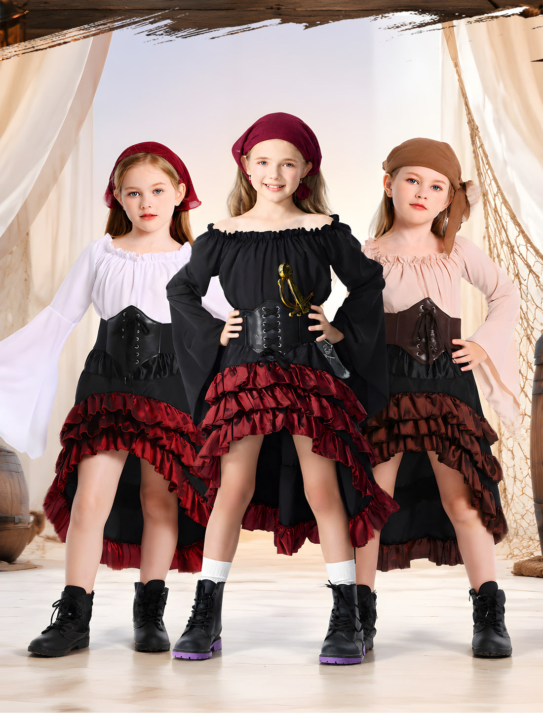 Girls in pirate costumes, three top colors
