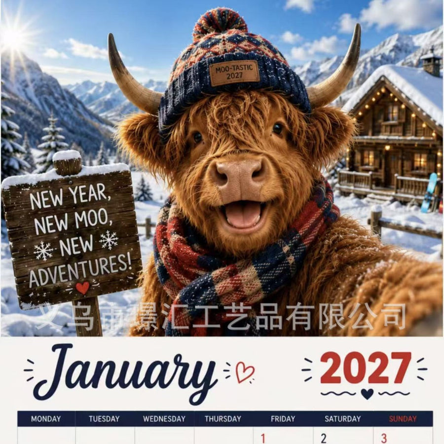 Highland Cow 2027 Wall Calendar - Funny Farm Animal Monthly Calendar