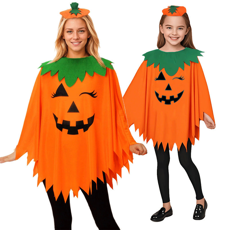 Pumpkin poncho costume on an adult and a child, orange jack-o-lantern face, green leaf collar and pumpkin headband