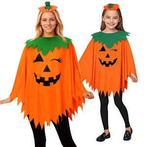 Pumpkin poncho costume on an adult and a child, orange jack-o-lantern face, green leaf collar and pumpkin headband
