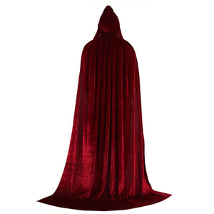 Burgundy velvet hooded cloak, laid out on white