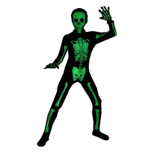Skeleton jumpsuit glowing green in the dark