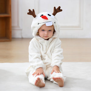 Baby in the white snowman romper with a carrot nose on the hood