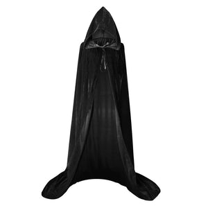 Black velvet hooded cloak, laid out on white