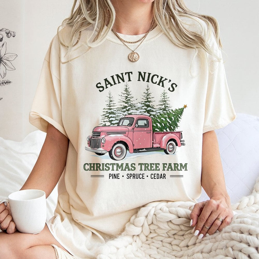 Saint Nick's Christmas Tree Farm T-Shirt | Pink Vintage Truck Graphic | 100% Cotton Premium Tee | Holiday Gift for Women and Men