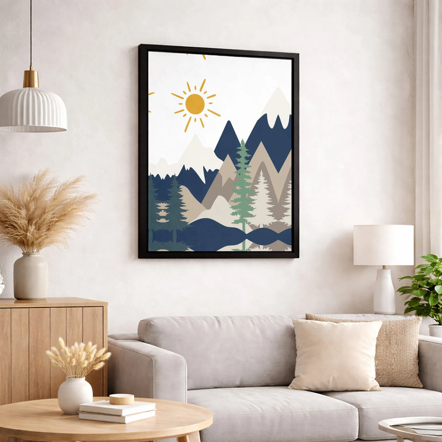 Minimalist Mountain Landscape Wall Art | Boho Sun and Pine Tree Forest Print | Gallery-Quality 1.25 Inch Canvas | Modern Nature Home Decor