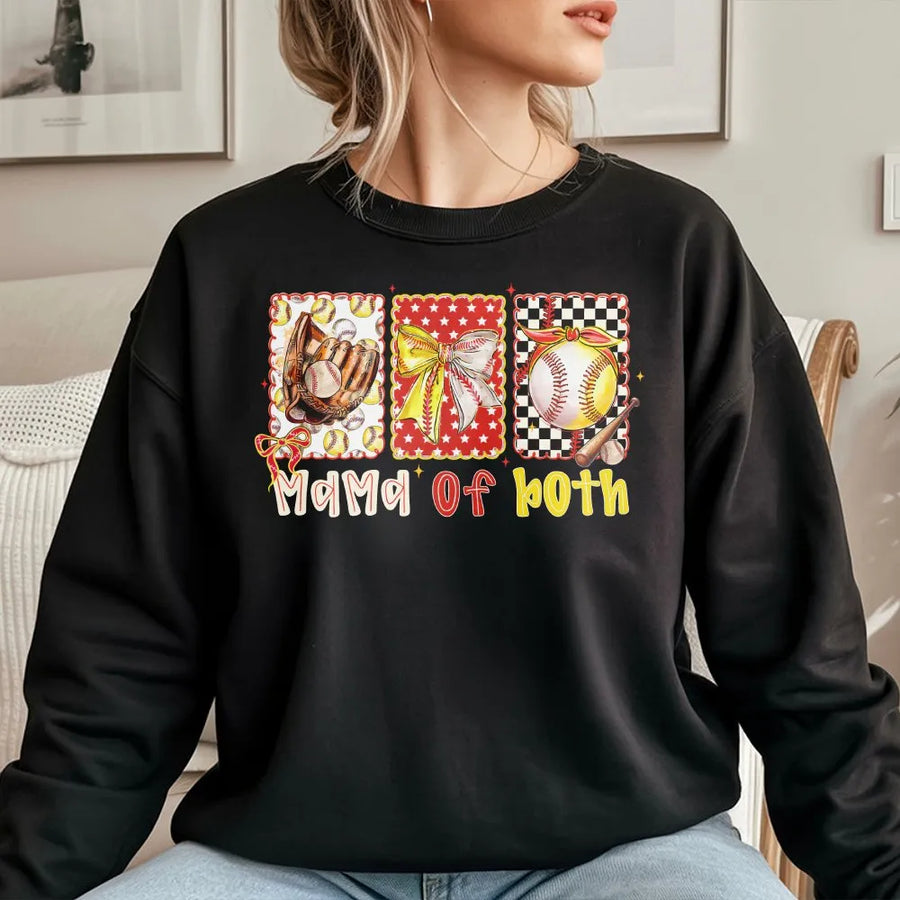 Sports Mom Sweatshirt | Mama of Both Baseball and Softball Graphic | Soft Cotton Blend Pullover | Game Day Gift for Mom