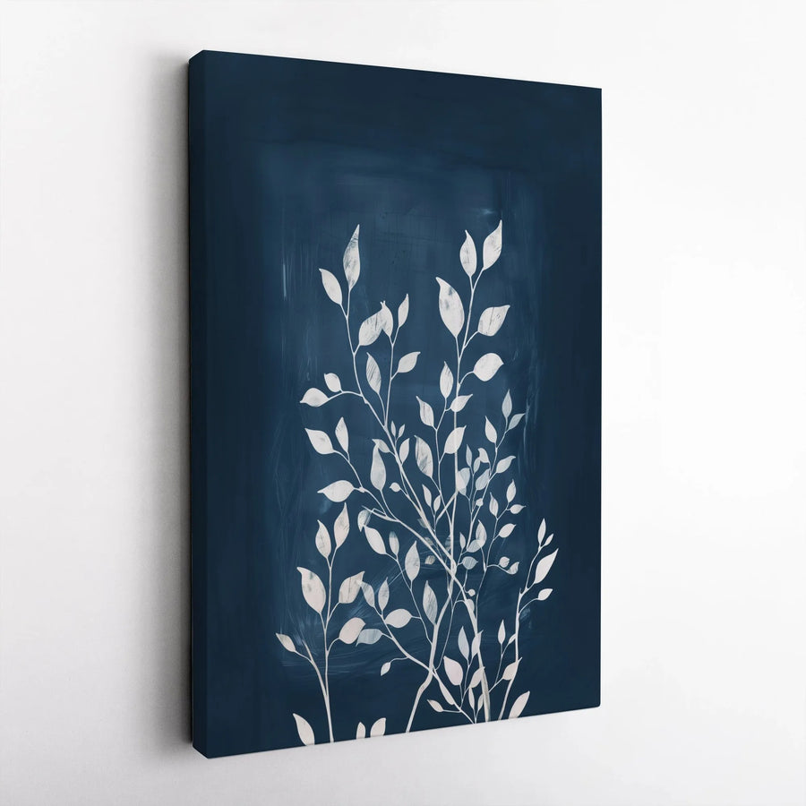 Navy Blue Botanical Canvas Wall Art | Minimalist White Leaf Silhouette | Premium Gallery Canvas Print | Modern Home Decor Gift