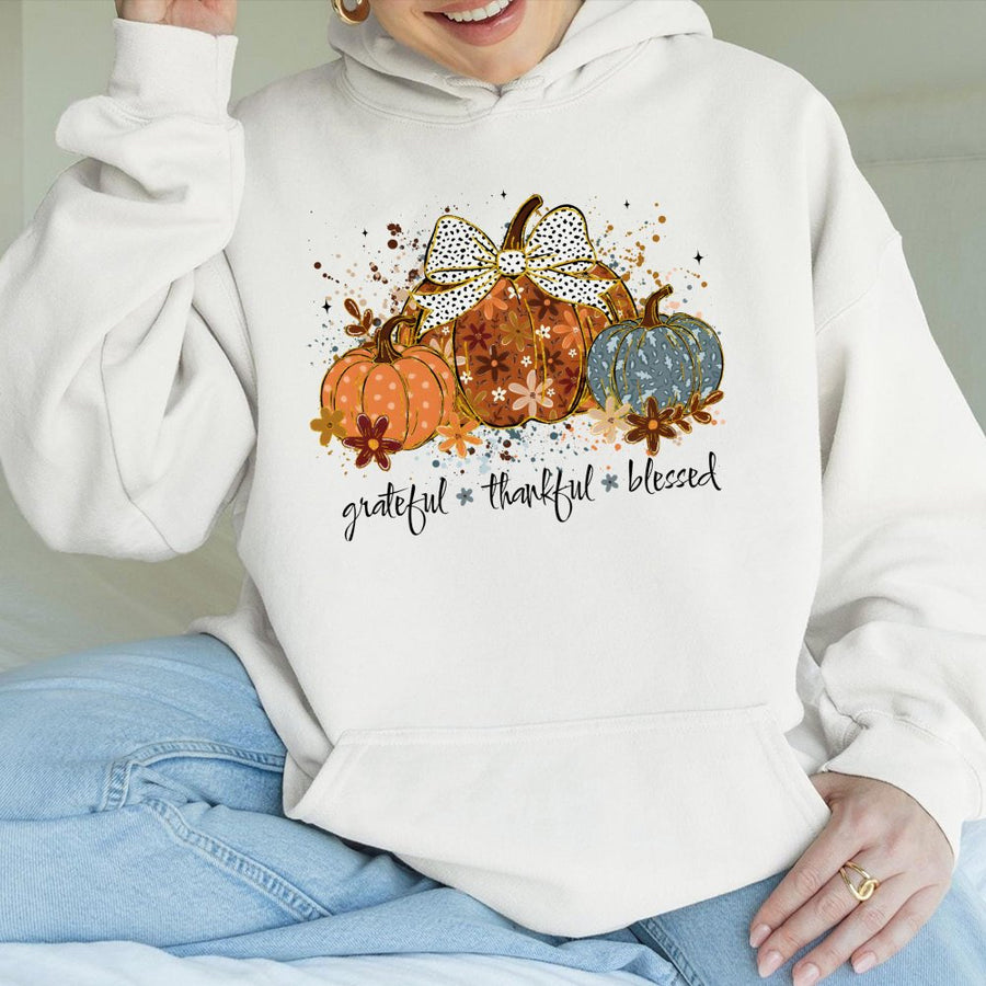Grateful Thankful Blessed Hoodie | Cute Fall Pumpkin Floral Design | Premium Cotton-Blend Sweatshirt | Thanksgiving Gift for Her