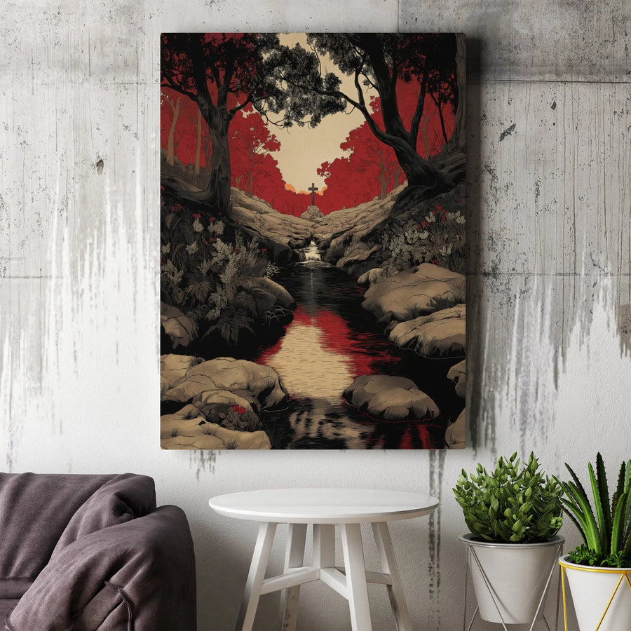 Christian Cross Canvas Art | Red Forest River Landscape | Premium Gallery Wrapped Canvas | Spiritual Wall Decor Gift for Christians
