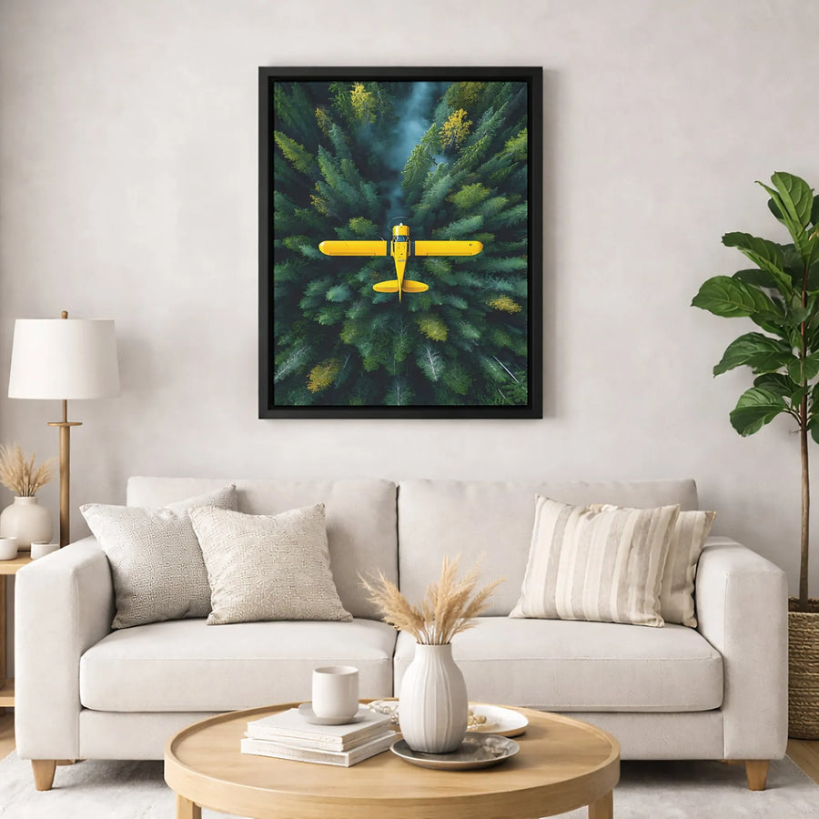 Yellow Airplane Wall Art | Aerial Forest Landscape Canvas Print | Premium Gallery Wrap Decor | Aviation Gift for Pilots & Adventure Enthusiasts