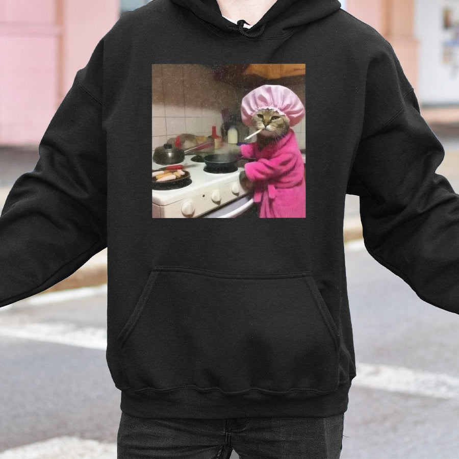 Housewife Cat Meme Hoodie | Funny Cooking Cat Graphic Sweatshirt | Cotton Blend Premium Pullover | Gift for Cat Lovers and Meme Enthusiasts