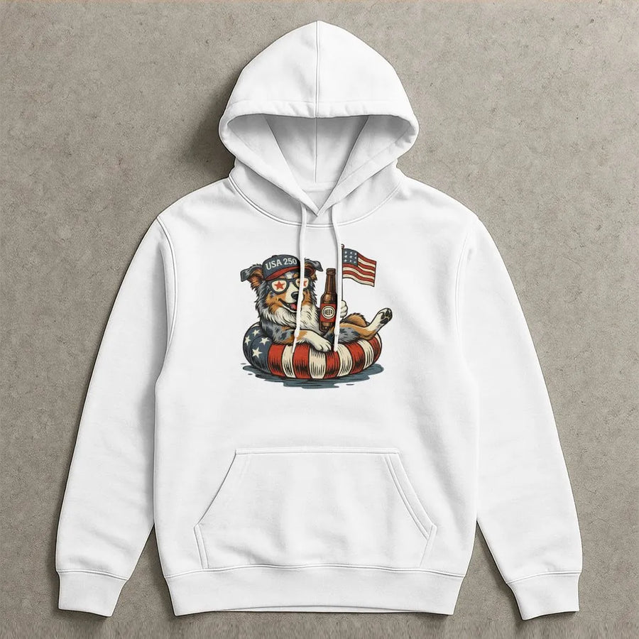USA 250th Anniversary Dog Hoodie | Patriotic Aussie Shepherd with American Flag | Premium Unisex Pullover | Independence Day Gift for Dog Lover