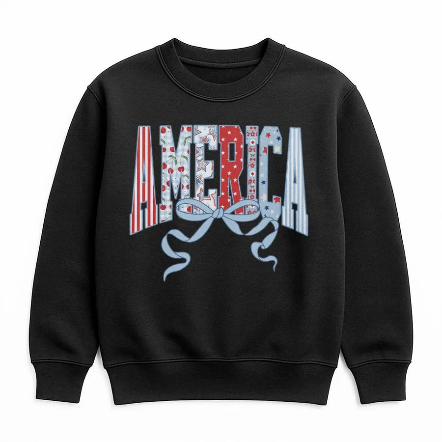 Coquette America Sweatshirt | Retro USA Flag Bow Graphic | Soft Cotton Blend Sweatshirt | Patriotic 4th of July Gift for Women