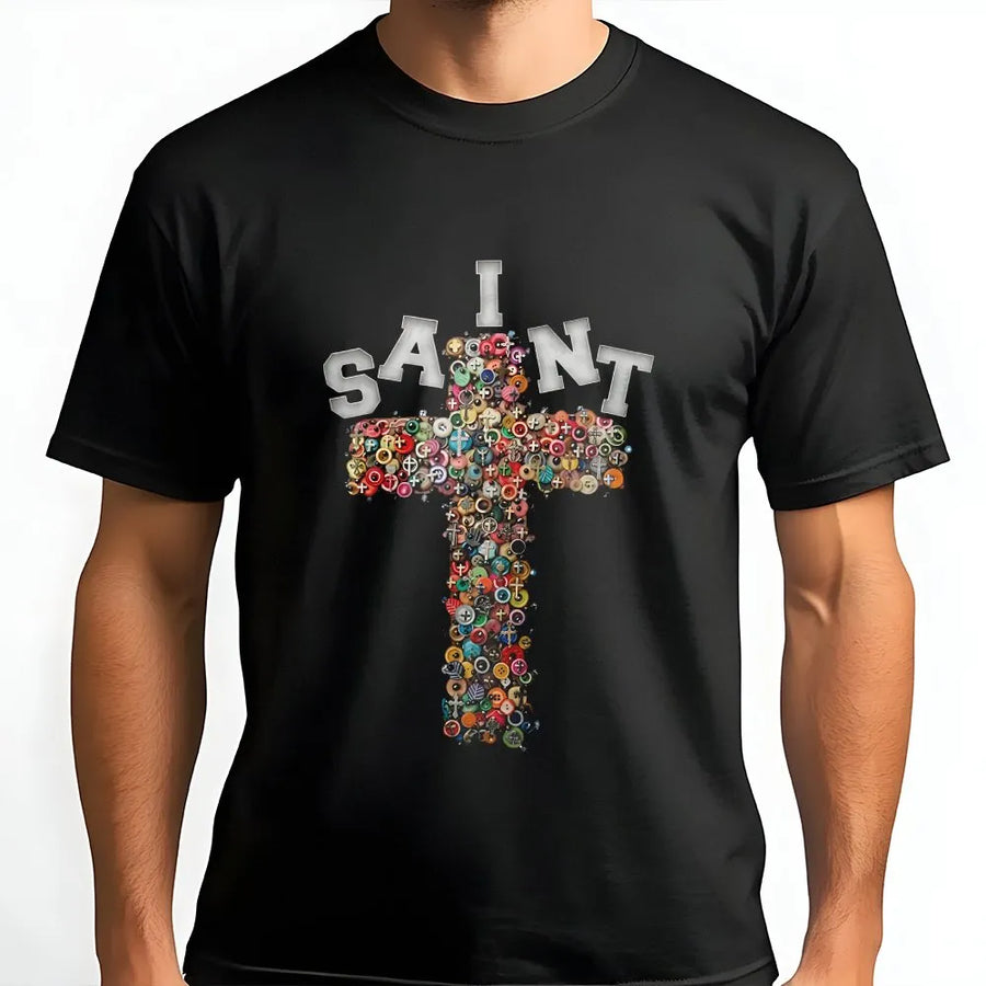 Y2K Saint Cross T-Shirt | Colorful Button Graphic Crewneck | Premium Cotton Blend | Unisex Christian Streetwear Gift