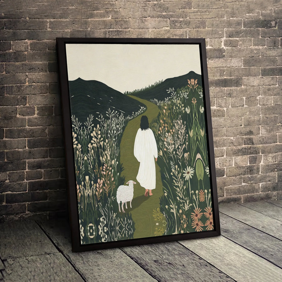 Jesus The Good Shepherd Canvas Art | Minimalist Wildflower Meadow Landscape | Premium Fade-Resistant Gallery Wrap | Christian Home Wall Decor Gift