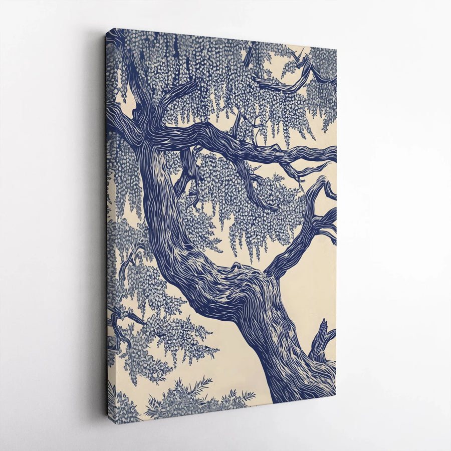 Blue Wisteria Tree Canvas Print | Botanical Linocut Wall Art | Premium Fade-Resistant Gallery Wrap | Modern Home Decor Gift