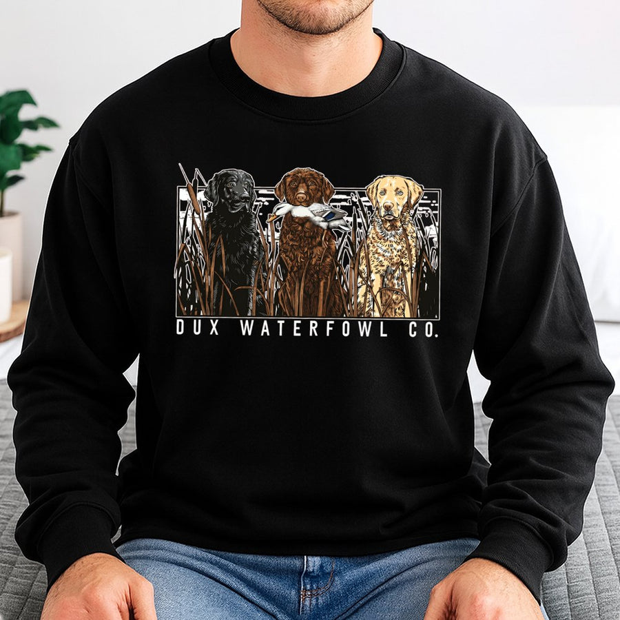 Dux Waterfowl Hunting Dog Sweatshirt | Labrador Retriever Trio Graphic | Soft Cotton Blend Unisex Pullover | Premium Gift for Duck Hunter