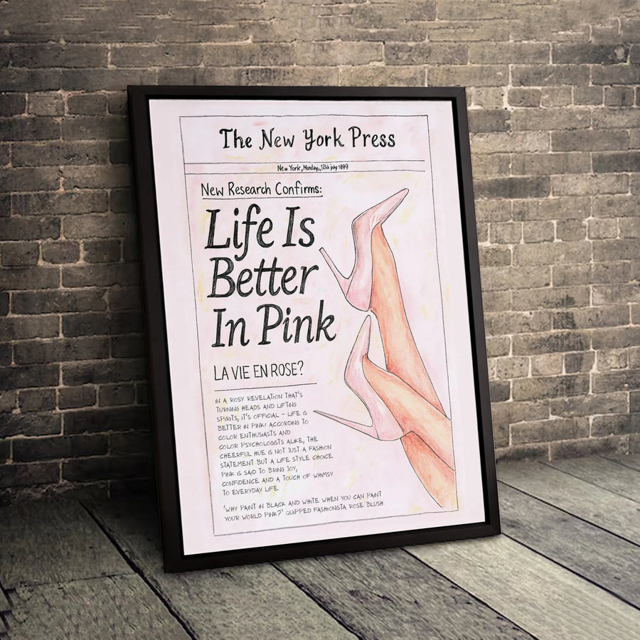 Life Is Better In Pink Canvas Art | Fashion Newspaper Illustration | Premium Gallery Wrap Wall Decor | Chic Gift for Her & Office Decor
