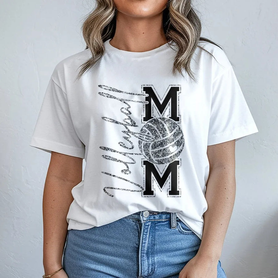 Volleyball Mom T-Shirt | Silver Faux Glitter Volleyball Graphic | Premium Soft Cotton Sporty Top | Perfect Sports Mom Gift Idea