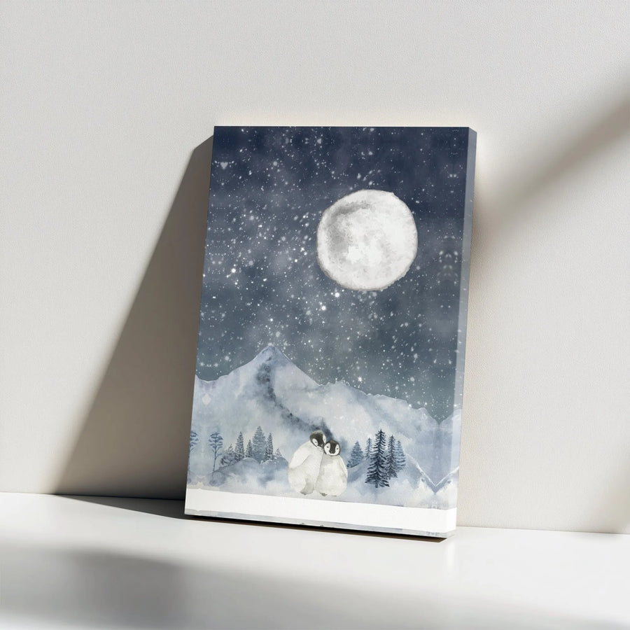 Baby Penguin Wall Art | Cuddling Penguins in Snow Under Full Moon | Premium Gallery-Wrapped Canvas | Nursery Decor or Winter Holiday Gift