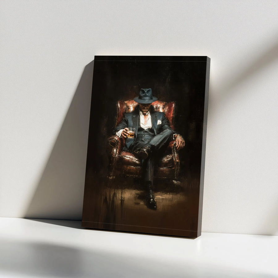 Man in Fedora Whiskey Painting Canvas | Sophisticated Gentleman Wall Art | 1.25-Inch Gallery Wrap | Premium Decor for Home Office