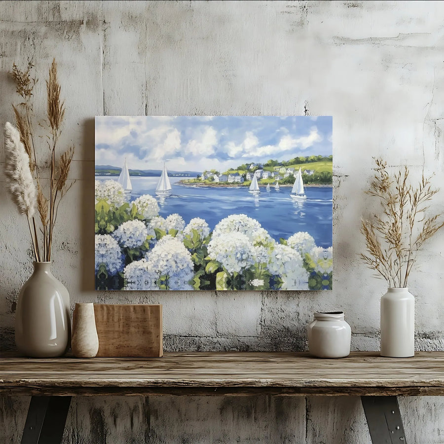Coastal Sailboat & Hydrangea Canvas Wall Art | Nautical Village Seascape Painting | Premium Gallery Wrapped Canvas | Beach House Wall Decor Gift
