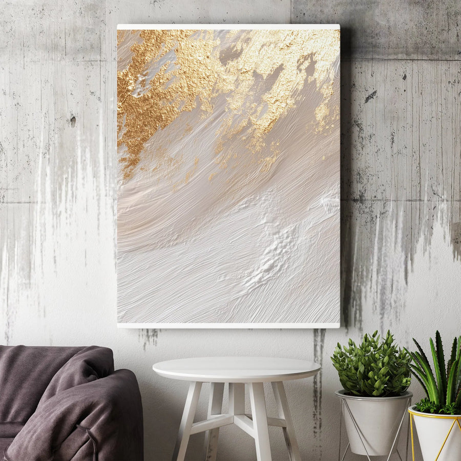 Abstract Gold Foil Wall Art | Textured White Brushstrokes Canvas Print | Gallery-Quality 1.25 Inch Profile | Modern Home & Office Decor Gift