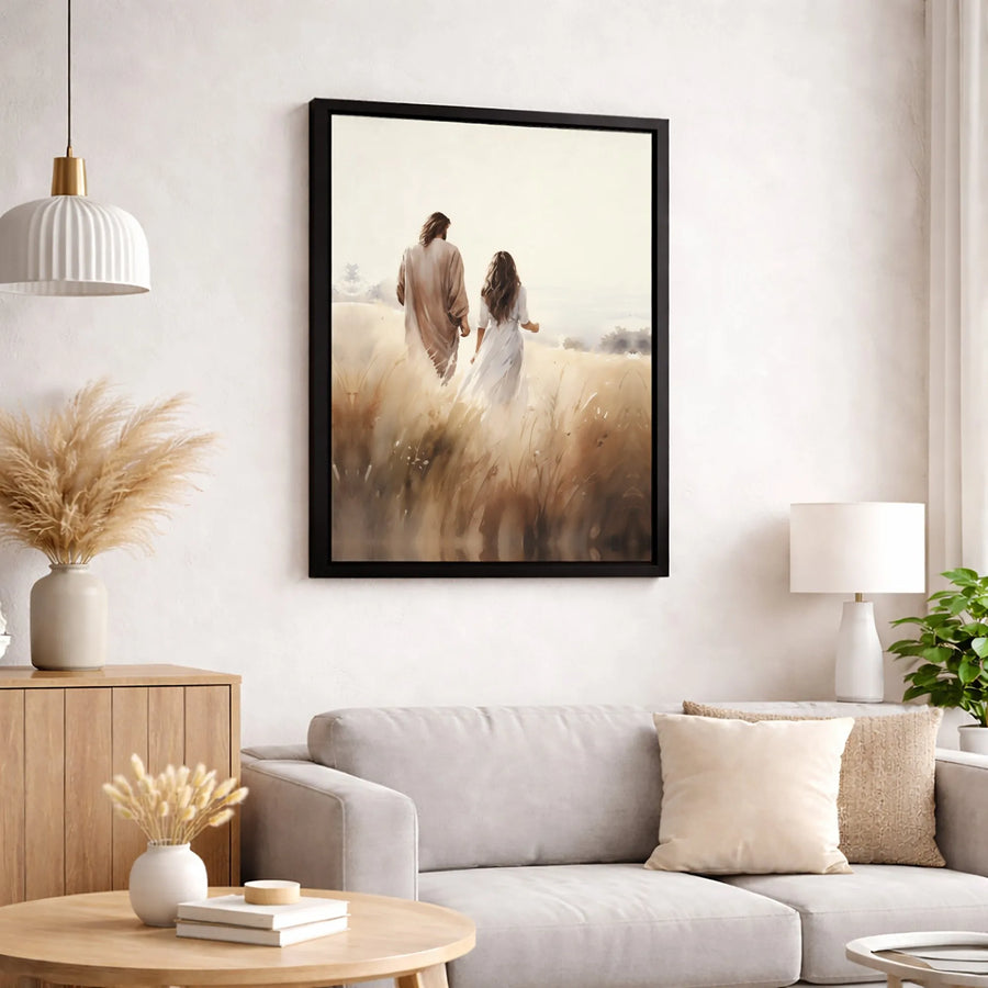 Jesus and Girl Walking in Field Canvas Wall Art | Religious Watercolor Painting | Premium Gallery Wrap Print | Inspirational Christian Home Decor Gift