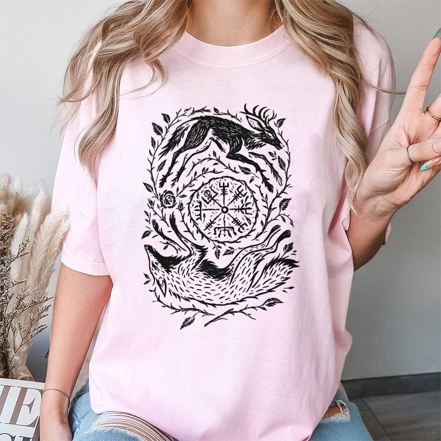 Norse Vegvisir T-Shirt | Wolf and Stag Linocut Graphic | Premium 100% Cotton | Viking Folk Art Gift for Mythology Lovers