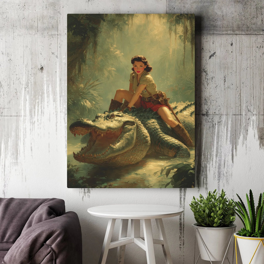 Jungle Pin-Up Girl Canvas Art | Vintage Explorer Riding Alligator Illustration | Premium 1.25" Gallery Wrap | Unique Office & Home Decor Gift