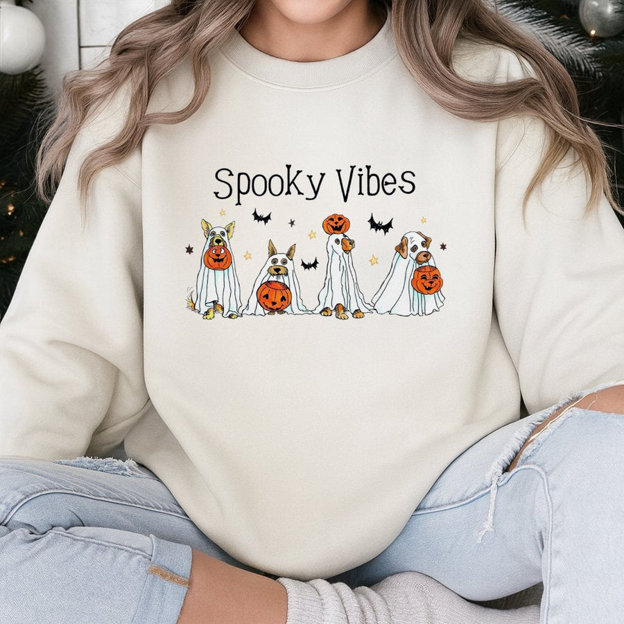 Ghost Dog Halloween Sweatshirt | Spooky Vibes Retro Graphic Tee | Premium Cotton Blend Crewneck | Cute Pet Lover Gift for Fall Season