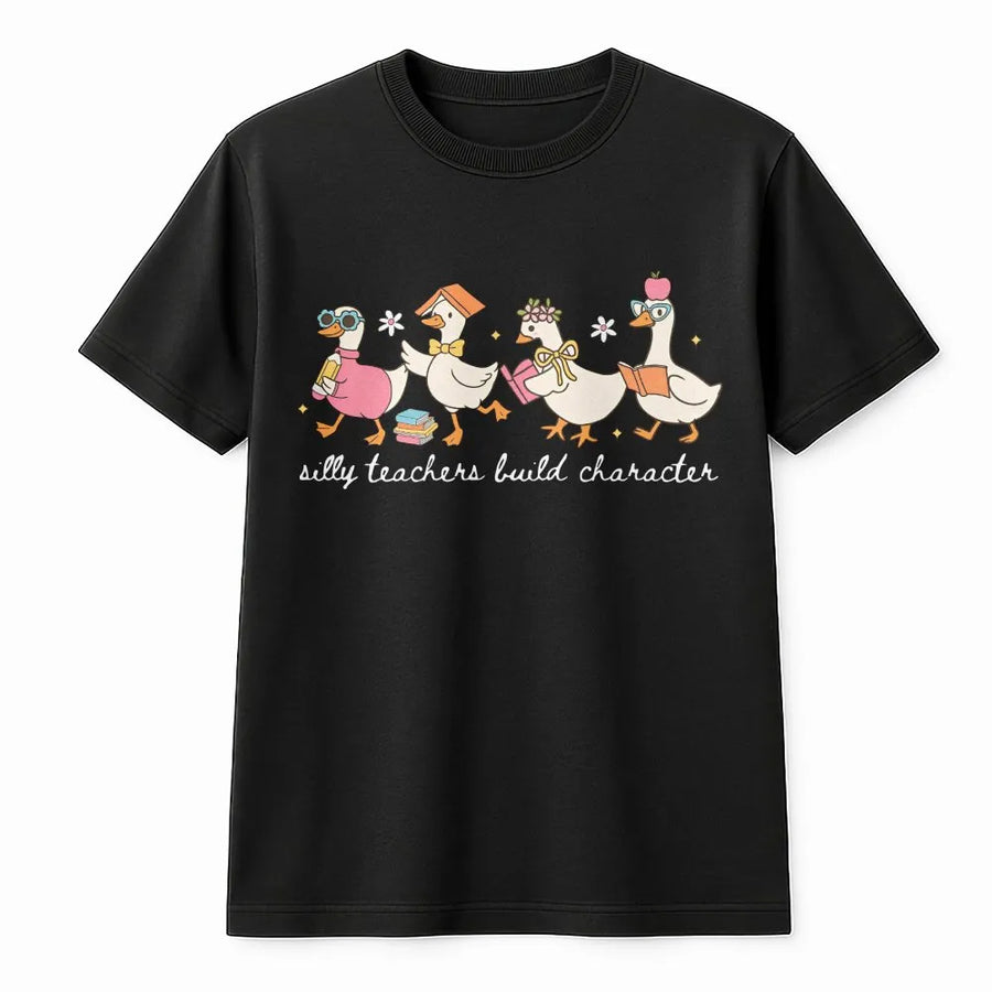 Silly Goose Teacher T-Shirt | 'Silly Teachers Build Character' Graphic | Soft Cotton-Blend Pullover | Teacher Appreciation Gift for Educators