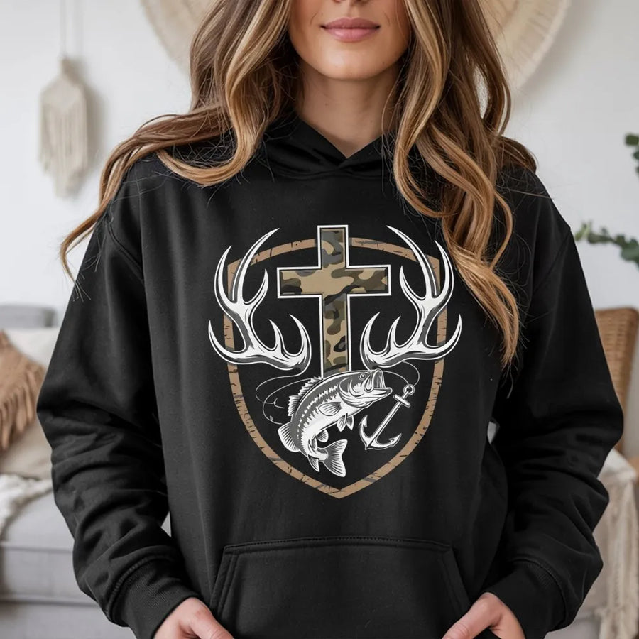 Christian Faith Hunting Fishing Hoodie | Camo Cross Antler Bass Graphic | Premium Cotton Blend | Religious Outdoorsman Gift for Men and Women