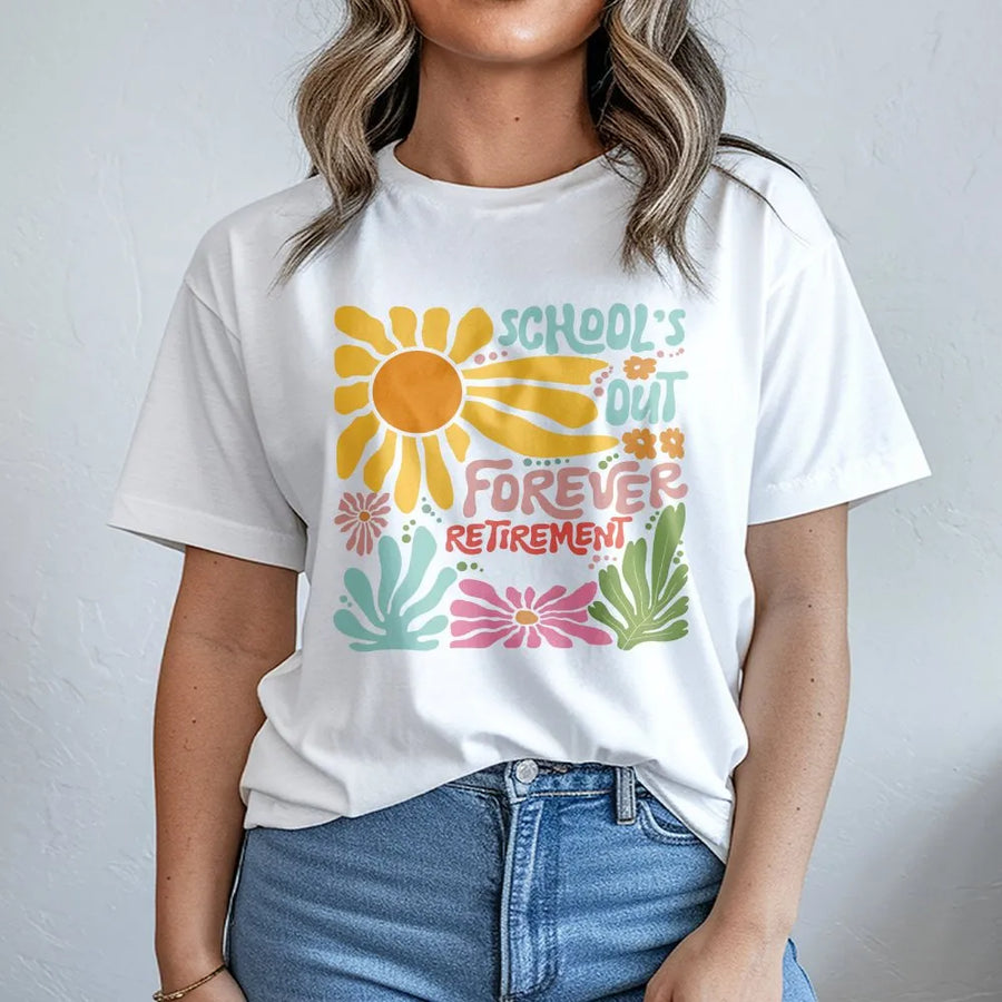 Retired Teacher T-Shirt | Retro Floral School's Out Design | 100% Cotton Premium Apparel | Gift for Retiring Educator and School Staff