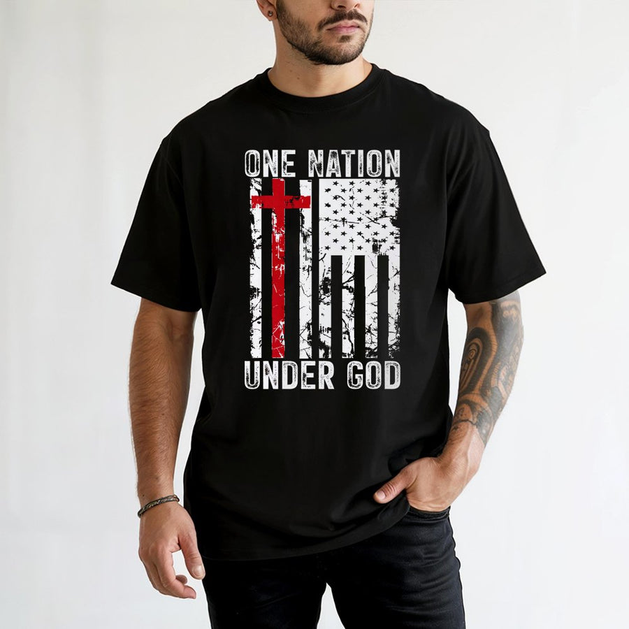 One Nation Under God T-Shirt | Distressed American Flag Cross Graphic | Premium 100% Cotton Tee | Patriotic Christian Gift for Men and Women