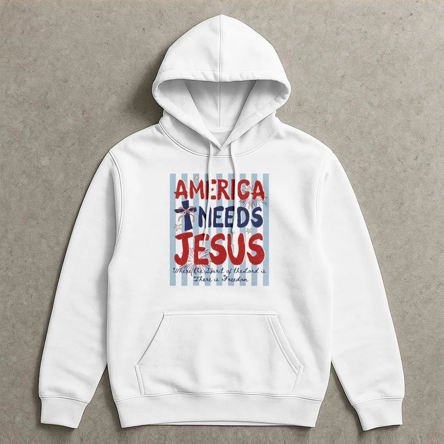 America Needs Jesus Hoodie | Patriotic Coquette Bow USA Graphic | Premium Cotton Comfort Colors Tee | 4th of July Christian Faith Gift