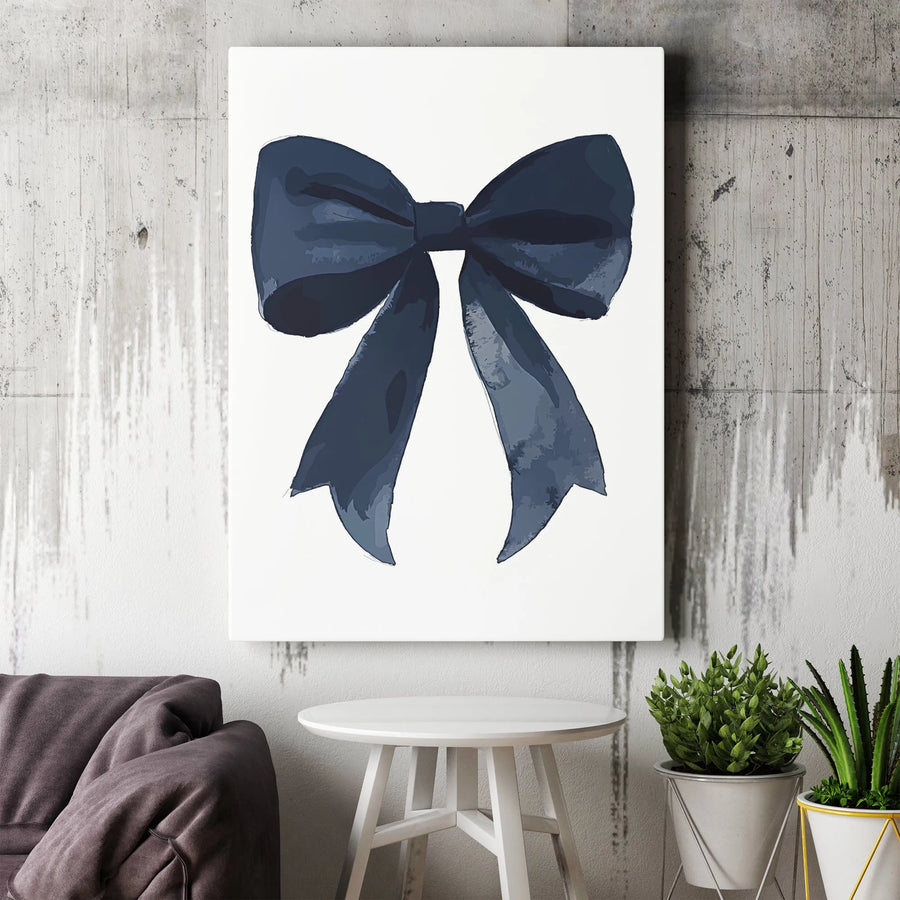 Navy Blue Bow Wall Art | Watercolor Ribbon Minimalist Print | Premium Gallery Wrapped Canvas | Elegant Nursery or Bedroom Home Decor