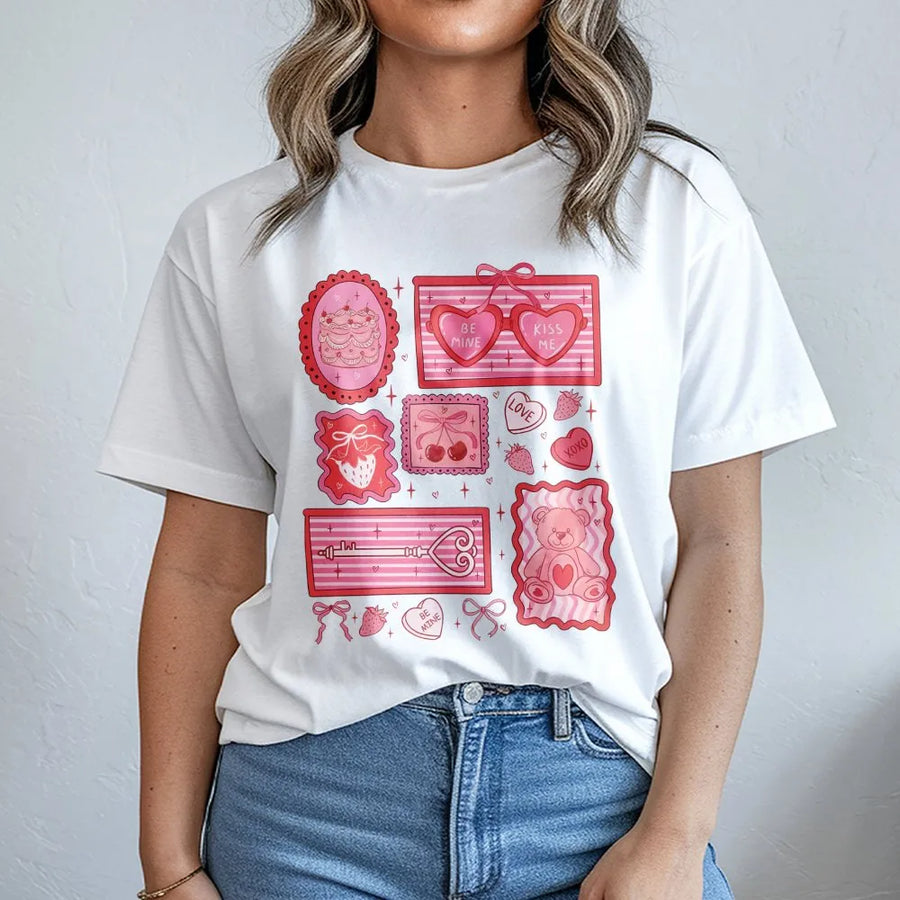 Valentine Coquette Heart T-Shirt | Pink Aesthetic Strawberry Cherry Graphic | Premium Soft Cotton | Romantic Gift For Her Women Teens