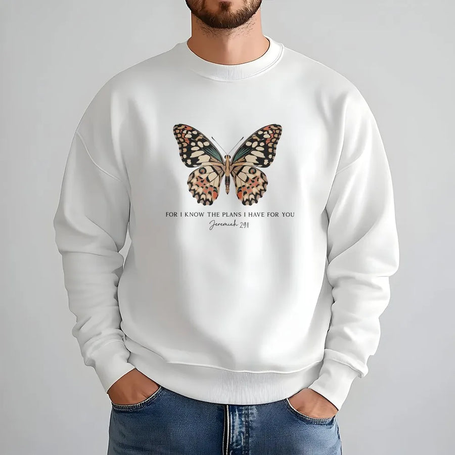 Christian Butterfly Sweatshirt | Jeremiah 29:11 Bible Verse Art | Soft Cotton Blend Pullover | Inspirational Faith Based Gift for Women