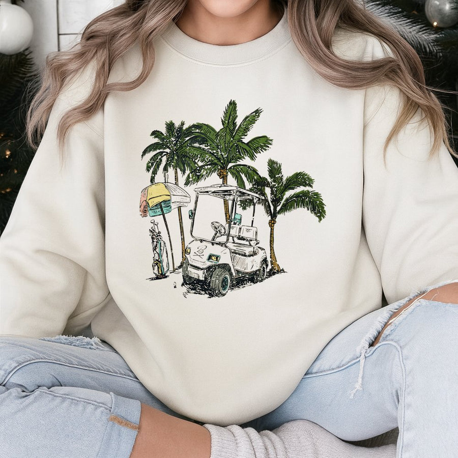 Tropical Golf Sweatshirt | Palm Tree Golf Cart Graphic | Premium Cotton Blend | Gift for Golfers & Beach Lovers