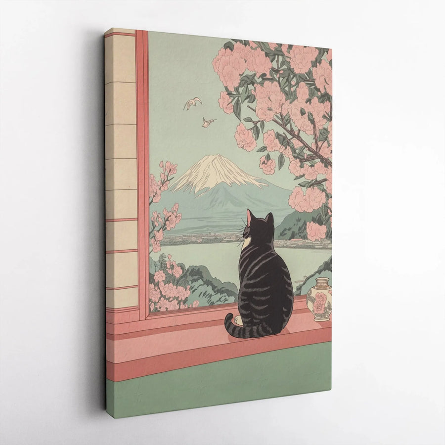 Japanese Ukiyo-E Cat Canvas Print | Mount Fuji Cherry Blossom Wall Art | Premium Gallery-Wrapped Decor | Unique Gift for Cat Lovers