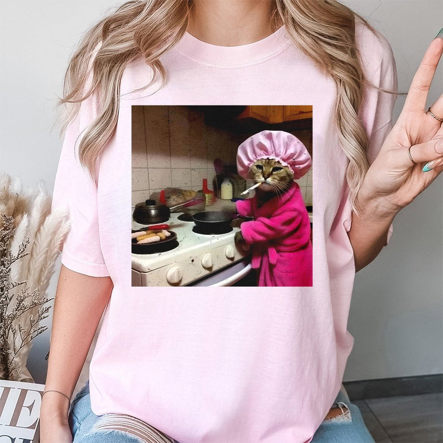 Funny Cooking Cat T-Shirt | Sassy Cat In Pink Shower Cap Graphic | Premium Cotton Unisex Tee | Quirky Meme Gift For Cat Lovers