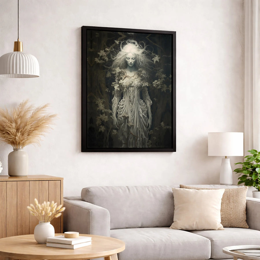 Gothic Forest Spirit Canvas Wall Art | Ethereal White Haired Woman Portrait | Premium Fade-Resistant Gallery Wrap | Dark Fantasy Home Decor Gift