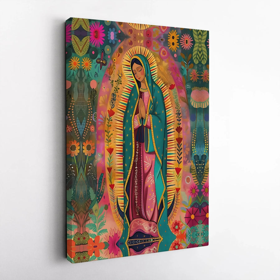 Our Lady Of Guadalupe Canvas Art | Colorful Folk Art Virgin Mary Wall Decor | Premium 1.25 Inch Gallery Wrap | Religious Catholic Gift For Home