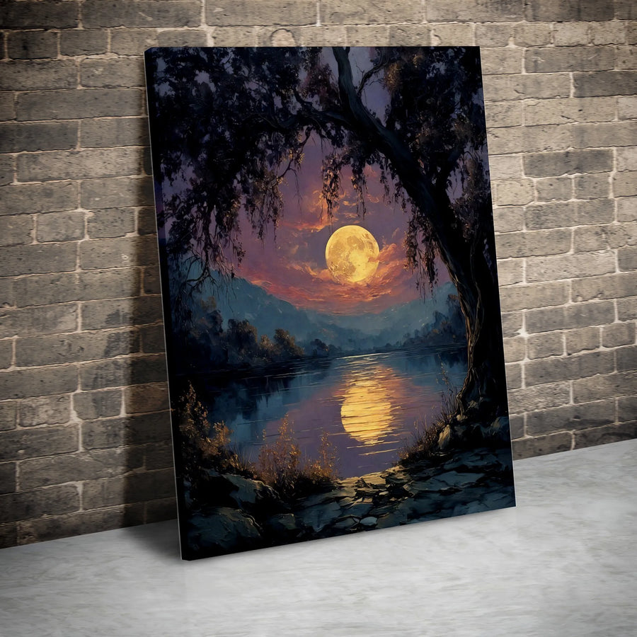 Full Moon Lake Canvas Wall Art | Impressionist Nightscape Painting | Premium Gallery Quality Canvas | Bedroom & Living Room Decor Gift