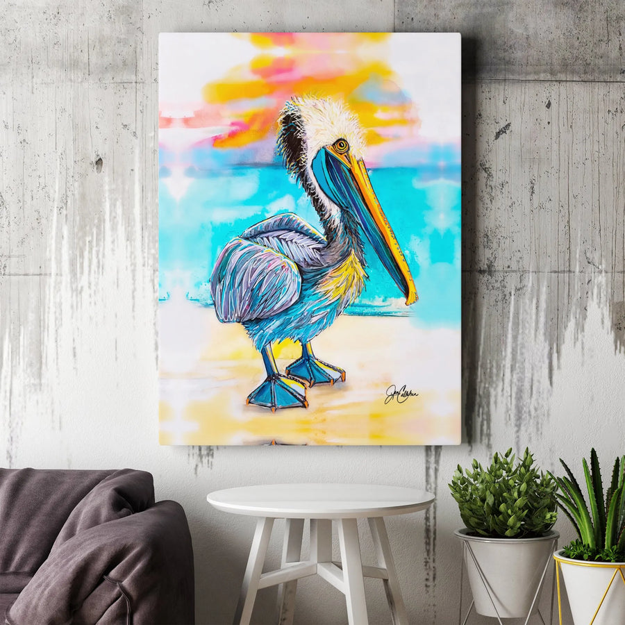 Colorful Pelican Canvas Wall Art | Coastal Sunset Bird Painting | 1.25 Inch Premium Gallery Wrap | Beach House Decor Gift For Bird Lovers