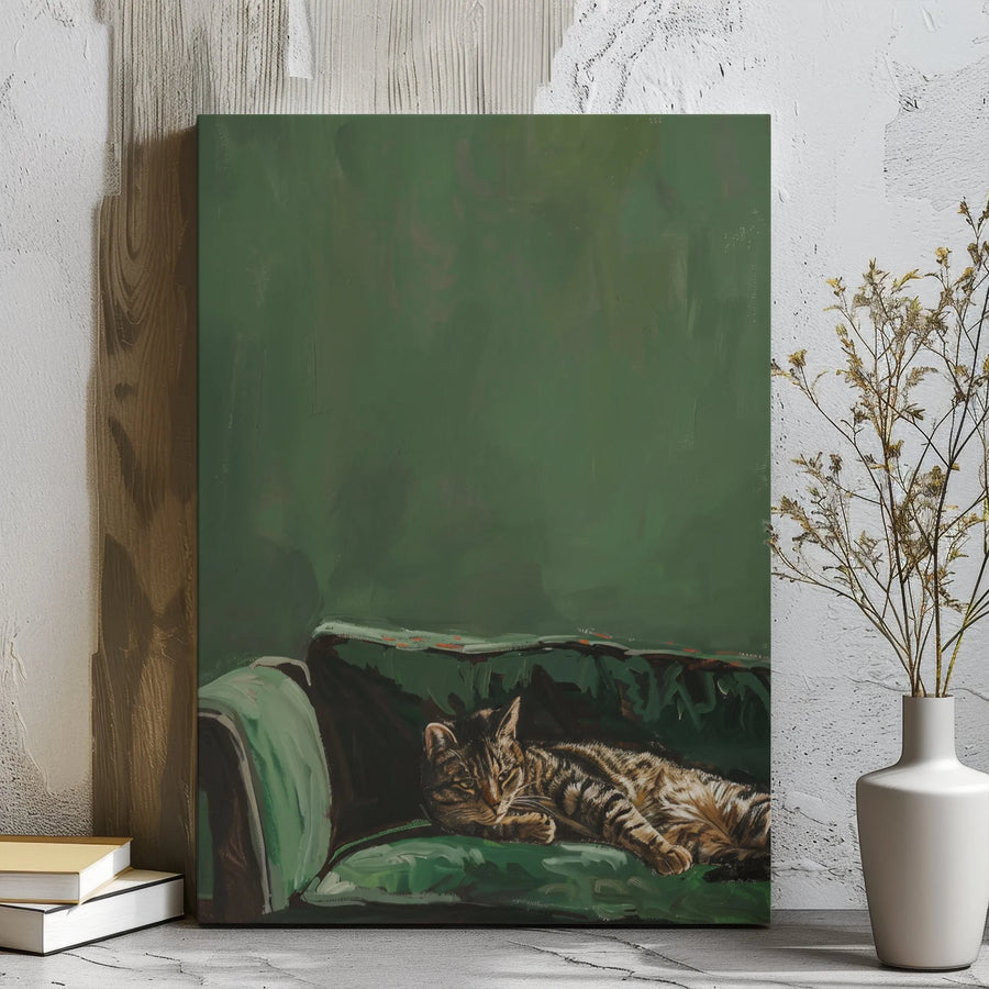 Tabby Cat Wall Art | Impressionist Sleeping Cat On Green Sofa | Premium Gallery Wrapped Canvas | Cozy Home Decor Gift For Cat Lovers