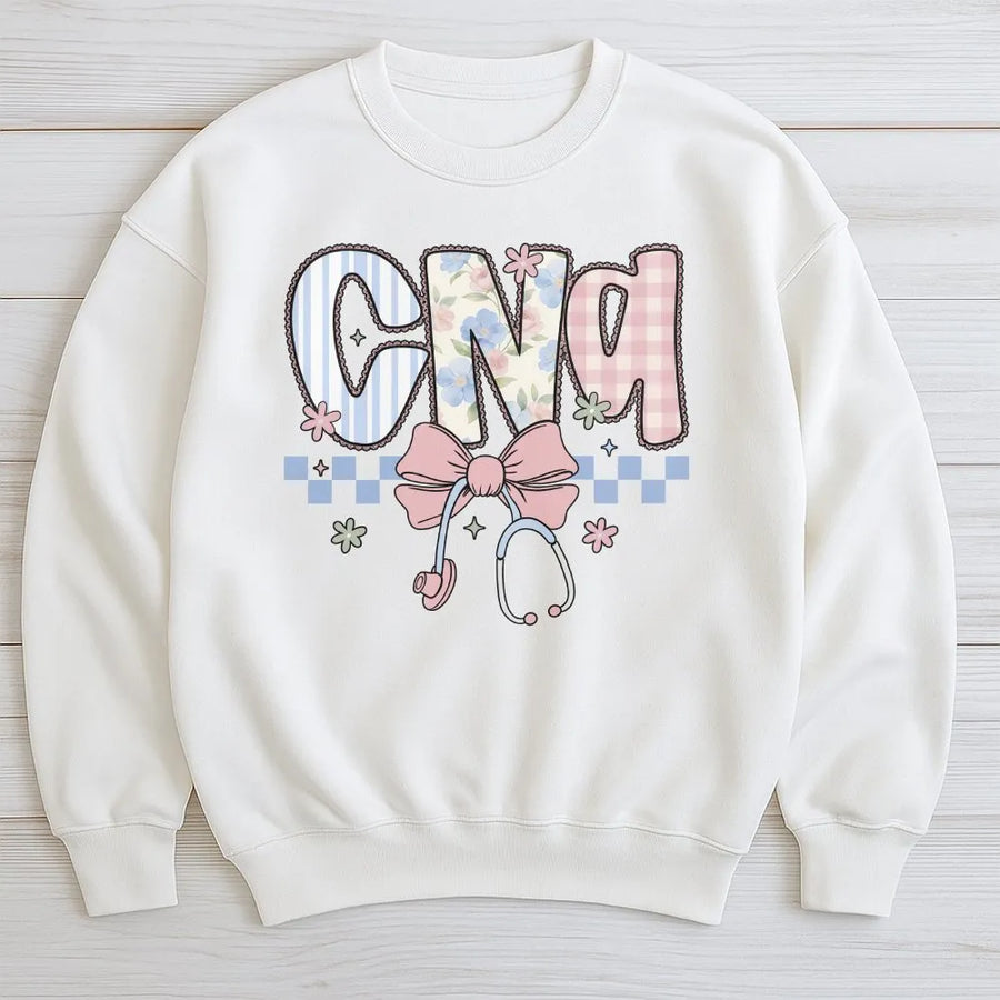 CNA Nurse Sweatshirt | Coquette Floral Stethoscope Bow Graphic | Soft Cotton Blend | Nurses Week Appreciation Gift for Certified Nursing Assistant