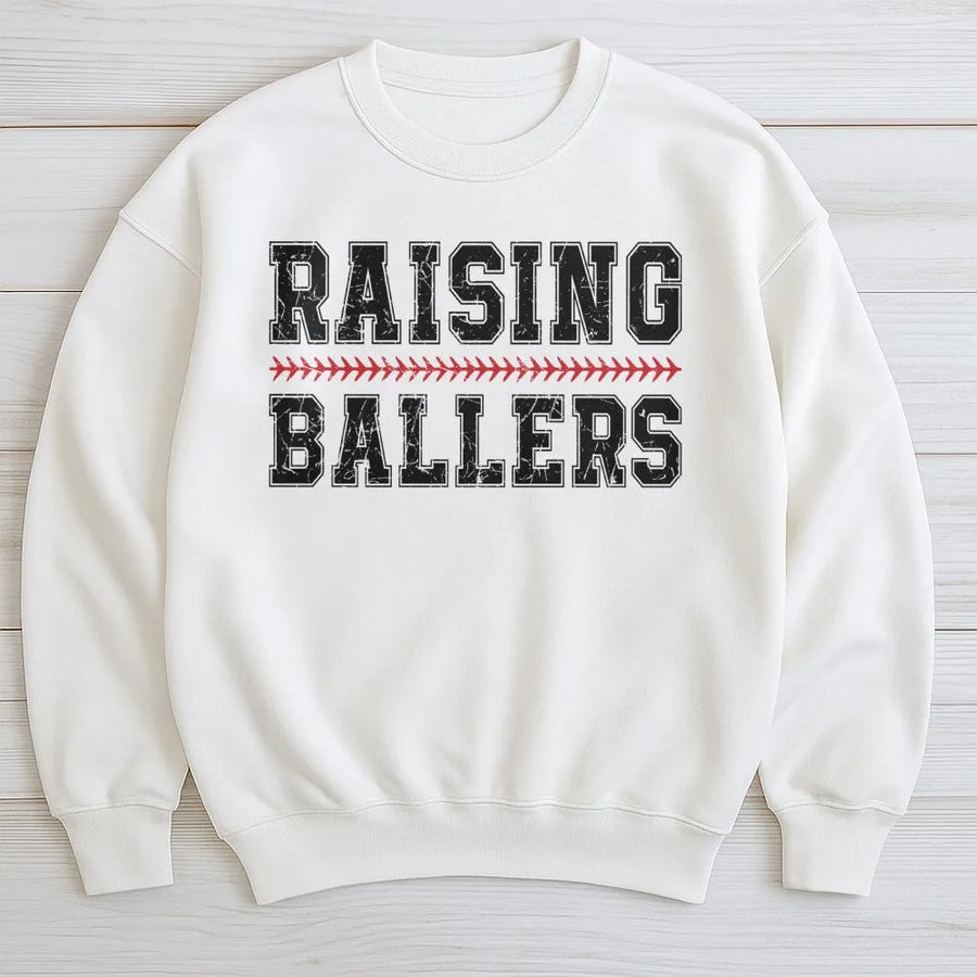 Raising Ballers Sweatshirt | Distressed Baseball Mama Shirt | Premium Cotton Blend Crewneck | Baseball Season Gift for Mom Sports Fan
